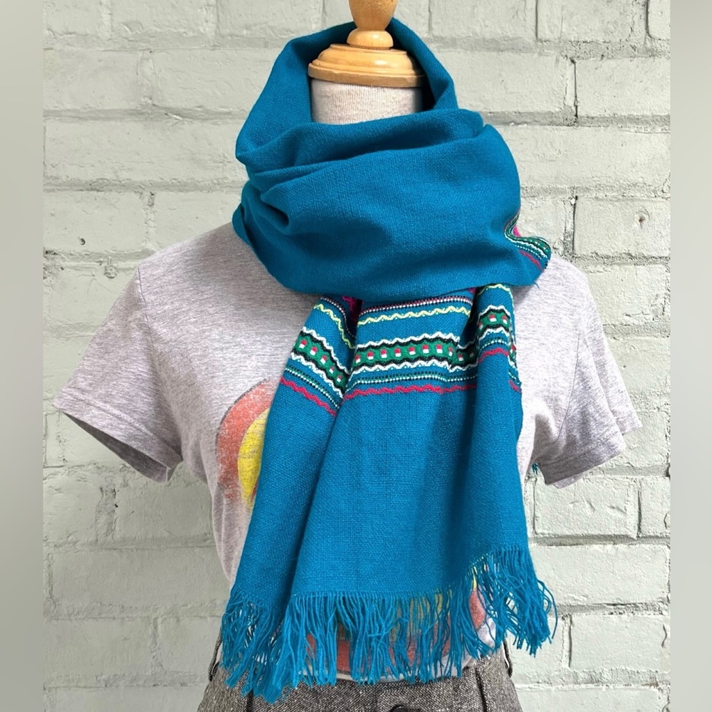 Woven Fringed Scarf in Teal with Colorful Stripes